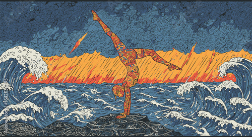 Dynamic Figure Against Turbulent Waves An Artistic Illustration