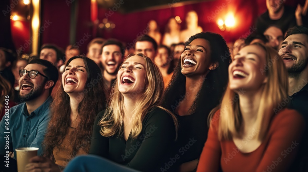 Fototapeta premium Diverse group of people laughing together at a comedy show.