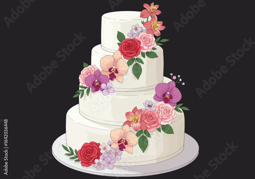 Elegant Three-Tiered Wedding Cake with Floral Decorations.