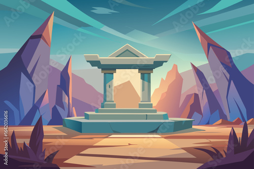 Gradient Flat Vector Style Ornate Stone Altar In Temple