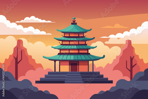 Gradient Flat Vector Style Pagoda With Cloudy Horizon