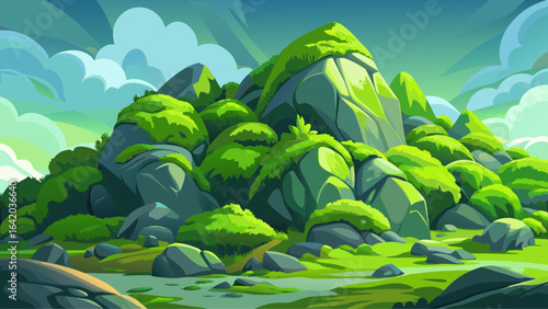 A lush green mound of soft moss enveloping rugged rocks, bathed in gentle light, reveals nature’s textures and colors, offering serenity and timeless beauty in an untouched outdoor sanctuary.