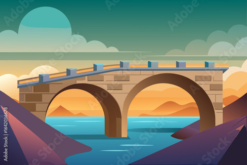 Gradient Flat Vector Style Stone Bridge With Cloudy Sky