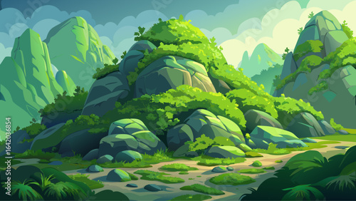 A lush green mound of soft moss enveloping rugged rocks, bathed in gentle light, reveals nature’s textures and colors, offering serenity and timeless beauty in an untouched outdoor sanctuary.