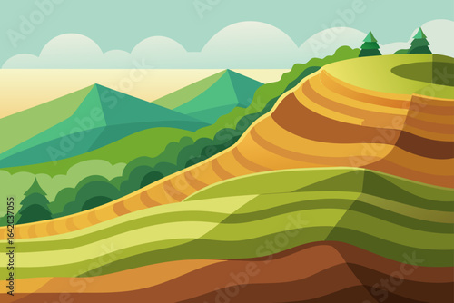 Layered Vector Hillside Background With Stylized Terrain