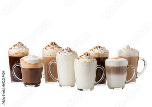 Variety of coffee drinks with whipped cream and cinnamon topping