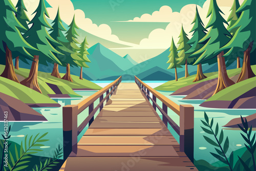 Light Color Vector Style Wooden Pier With Forest Interior