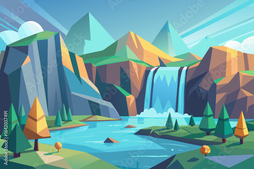 Low Poly Waterfall Background With Minimal Color Scheme