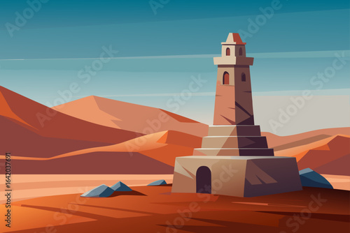 Minimal Realistic Vector Style Stone Tower With Desert View