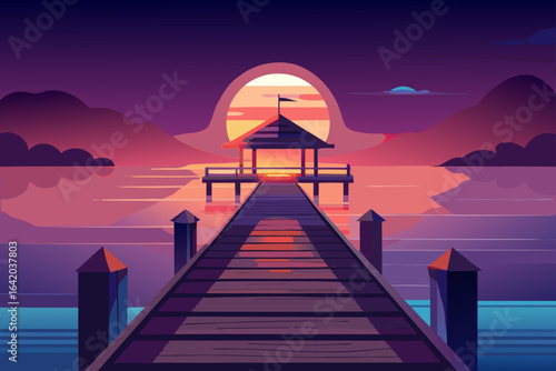 Minimal Realistic Vector Style Wooden Pier With Evening Light