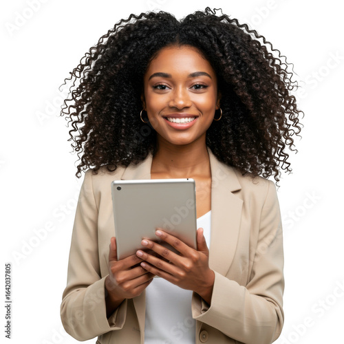 Wallpaper Mural Smiling young professional woman with voluminous curly hair holding a tablet device isolated on transparent background Torontodigital.ca