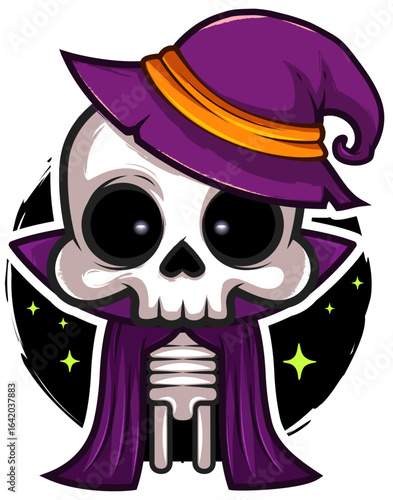 Cute Halloween Skeleton Wizard with Purple Hat – Cartoon Vector Illustration
