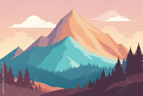 Pastel Color Vector Style Mountain Peak With Forest
