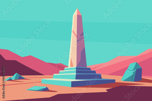 Pastel Color Vector Style Obelisk With Rocky Terrain
