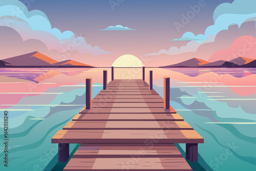 Pastel Color Vector Style Wooden Dock With Soft Pastels