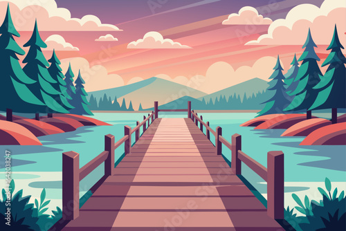 Pastel Color Vector Style Wooden Pier With Forest
