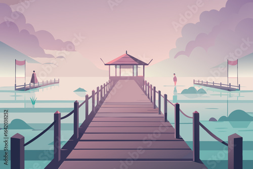 Pastel Color Vector Style Wooden Pier With Foggy Atmosphere