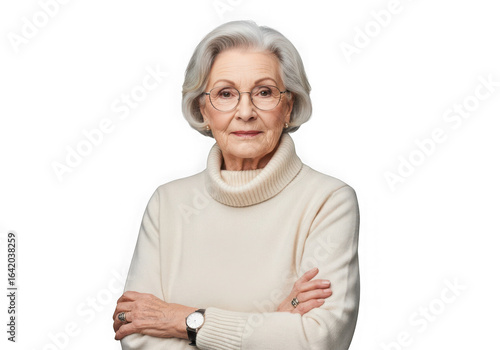 Portrait of a smiling senior woman with gray hair and glasses wearing a turtleneck sweater