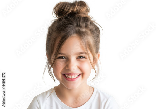Happy young girl with messy bun hairstyle smiling against black background