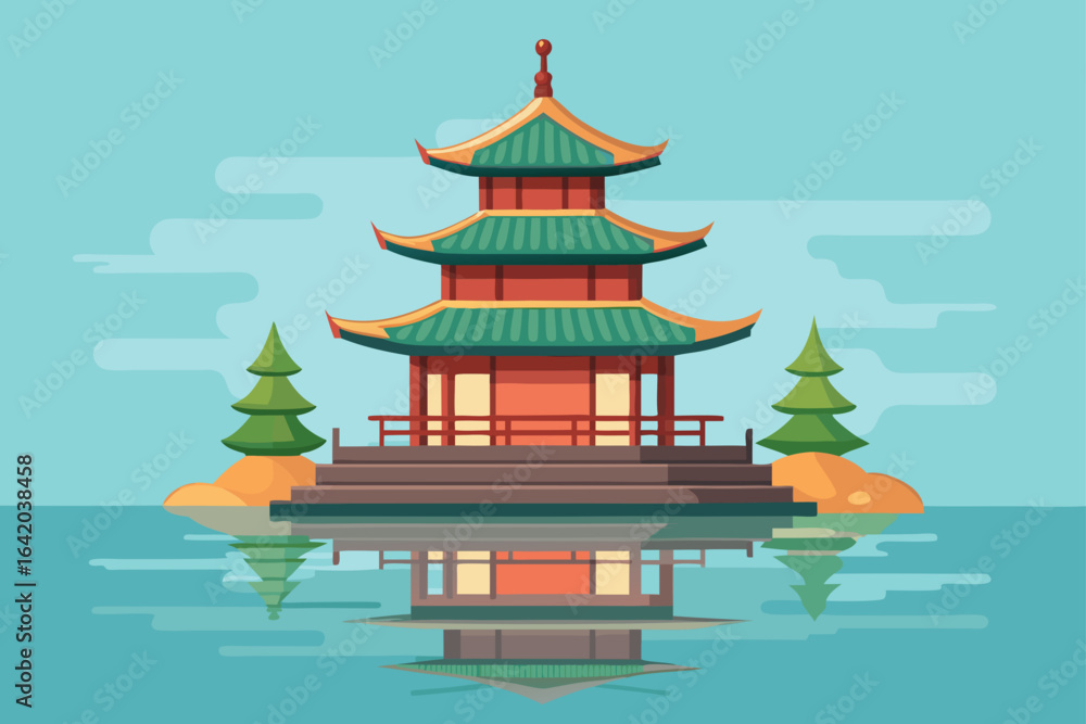 Fototapeta premium Realistic Simple Vector Style Pagoda With Calm Water
