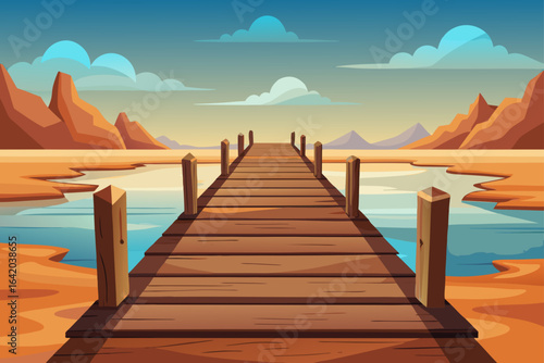 Realistic Simple Vector Style Wooden Dock With Desert View