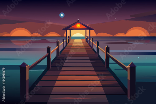Realistic Simple Vector Style Wooden Pier With Evening Sky