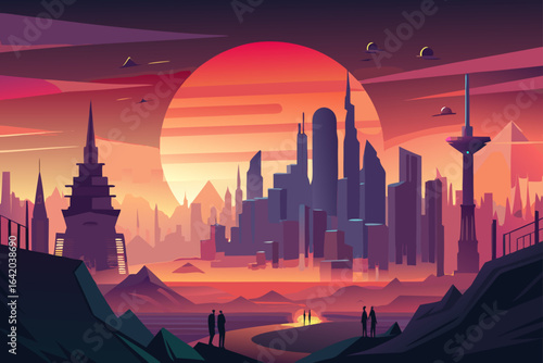 Sci Fi Skyline Background With Layered Shapes