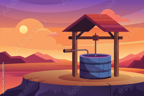 Smooth Gradient Vector Style Water Well With Warm Light