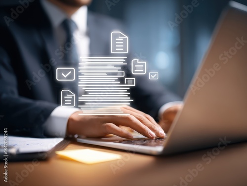 Approval workflow and business process management BPM. Document approval process and completion. Businessman using laptop computer to approve legal documents.