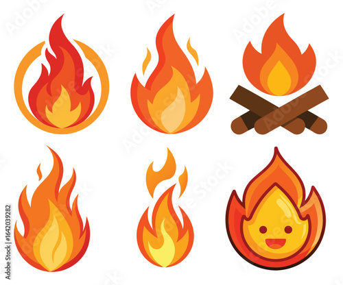 Fire flames icon set with burning and blazing symbols in orange and yellow tones
