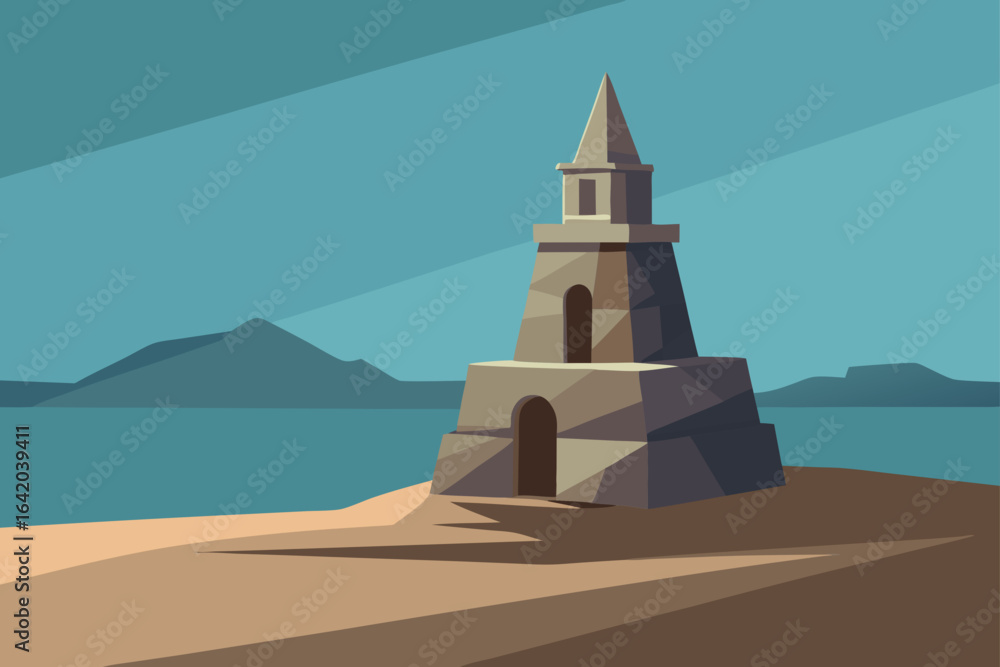 Naklejka premium Soft Shadow Vector Style Stone Tower With Horizon