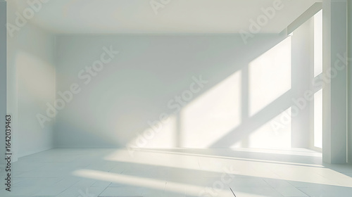 Bright, airy modern interior with dramatic sunlight streaming through large windows, creating clean lines and shadows.