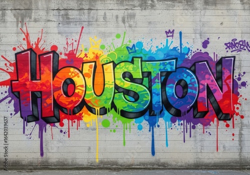 Vibrant rainbow graffiti art spelling houston city name on a textured brick wall 