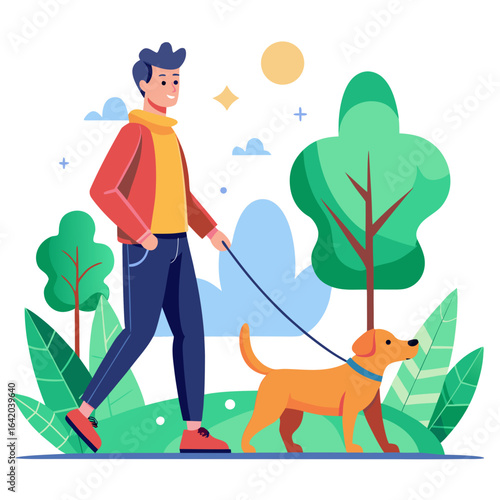 Happy person walking dog vector illustration, pet care flat design