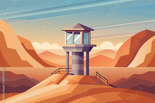 Subtle Texture Vector Style Glass Watchtower In Desert