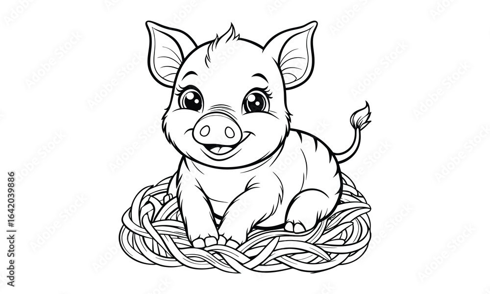 Fototapeta premium Pig baby t shirt design silhouette and vector line art, high-quality illustration ideal for adult coloring books, art therapy, relaxation and stress relief printable designs