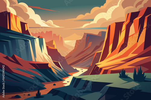 Vintage Landscape Canyon Background With Layered Shapes