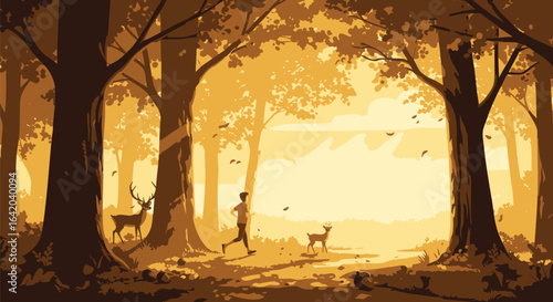 Man Running with Deer Through Golden Forest at Sunrise in a Serene and Magical Atmosphere