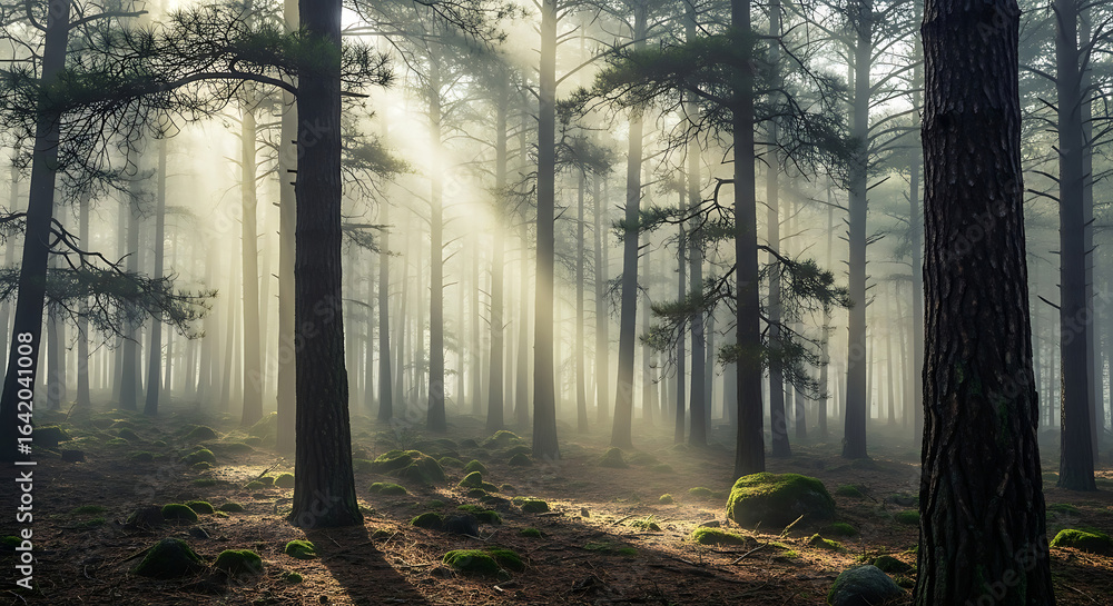 Fototapeta premium Sunbeams filtering through a misty pine forest woods