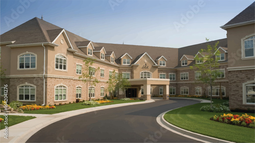 Beautiful Assisted Living Facility with Manicured Landscape and Inviting Entrance on a Sunny Day