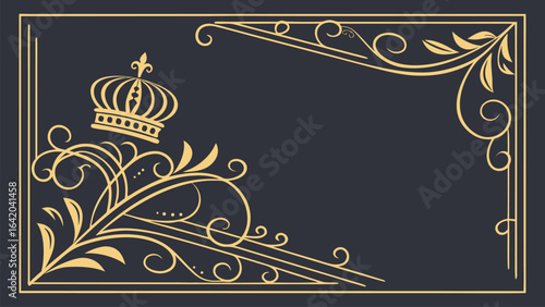 Elegant Golden Decorative Border and Ornate Text Box on Black Background, Luxury Vintage Frame Design for Invitations, and Labels
