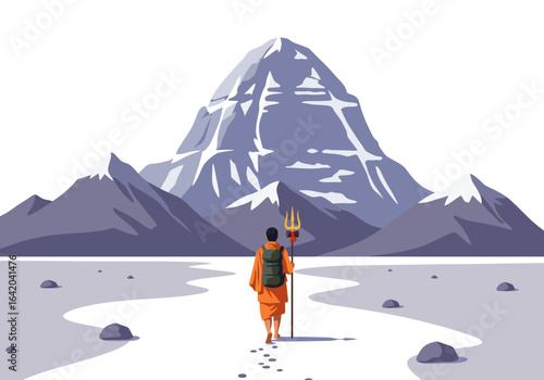 Monk with Trishul Walking Towards Snowy Mountain.