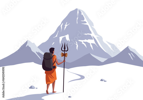 Sadhu Pilgrim with Trishul and Backpack Journeying Towards Mountain.