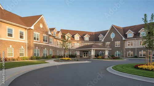 Beautiful Senior Living Community with Manicured Landscaping and Inviting Entrance Facade Showcasing Architectural Details and Comfortable Environment