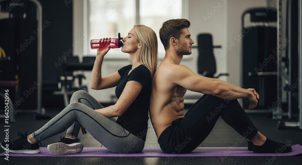 Obraz premium Happy young couple giving a high five after a gym workout, celebrating fitness goals together. A concept of teamwork, motivation, and success in a healthy lifestyle
