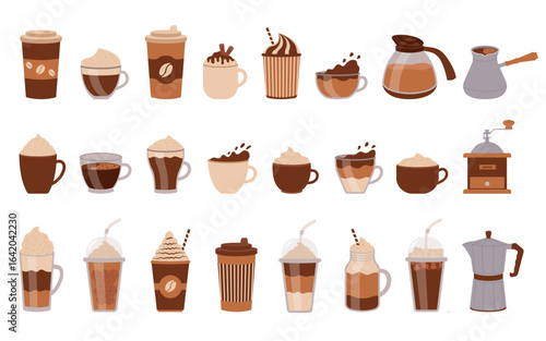 Coffee set. Different types of coffee drinks for cafe and restaurant menu. Coffee cups of espresso, americano, mocha, latte and more.