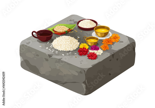 Stone Offering with Rice Flowers and Ghee.