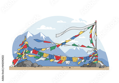 Colorful Prayer Flags on Mountain Pass.