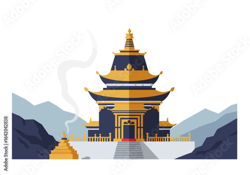 Asian Temple with Golden Accents and Incense Burner.