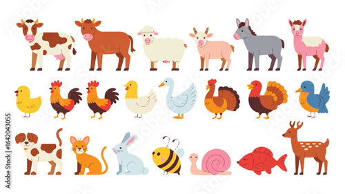 Cartoon farm animal set featuring cows sheep chickens ducks turkeys and other cute animals in vector illustration